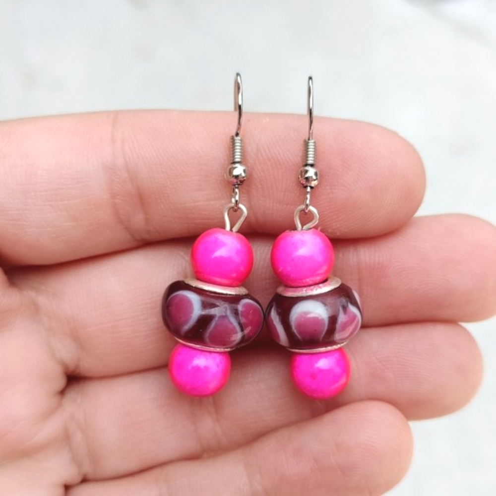 Unique Pink Beaded Dangle Silver Earrings